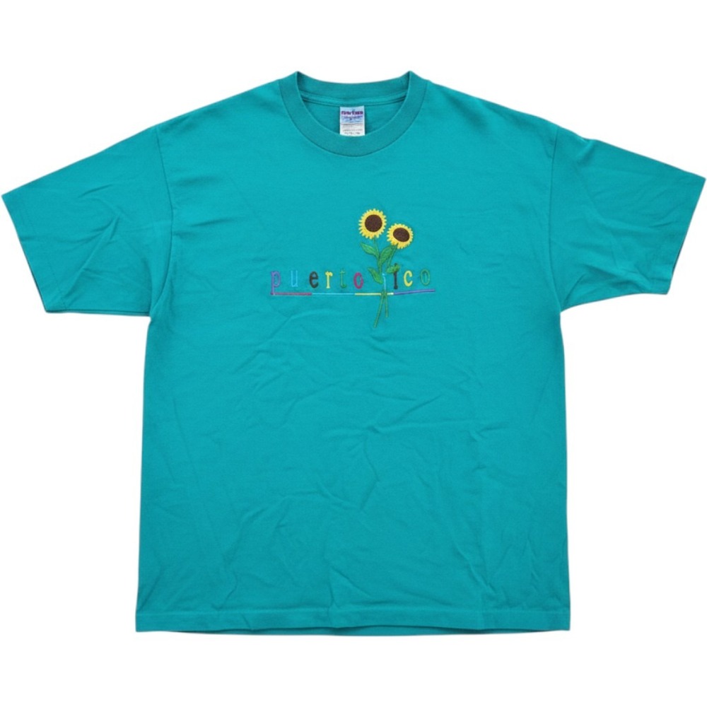 Vintage‎ Fruit of the Loom Puerto Rico Sunflower Teal T-Shirt XL Made in USA 90s